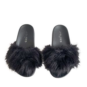 J/Slides Black Furry Faux Fur Slide Sandal 5.5